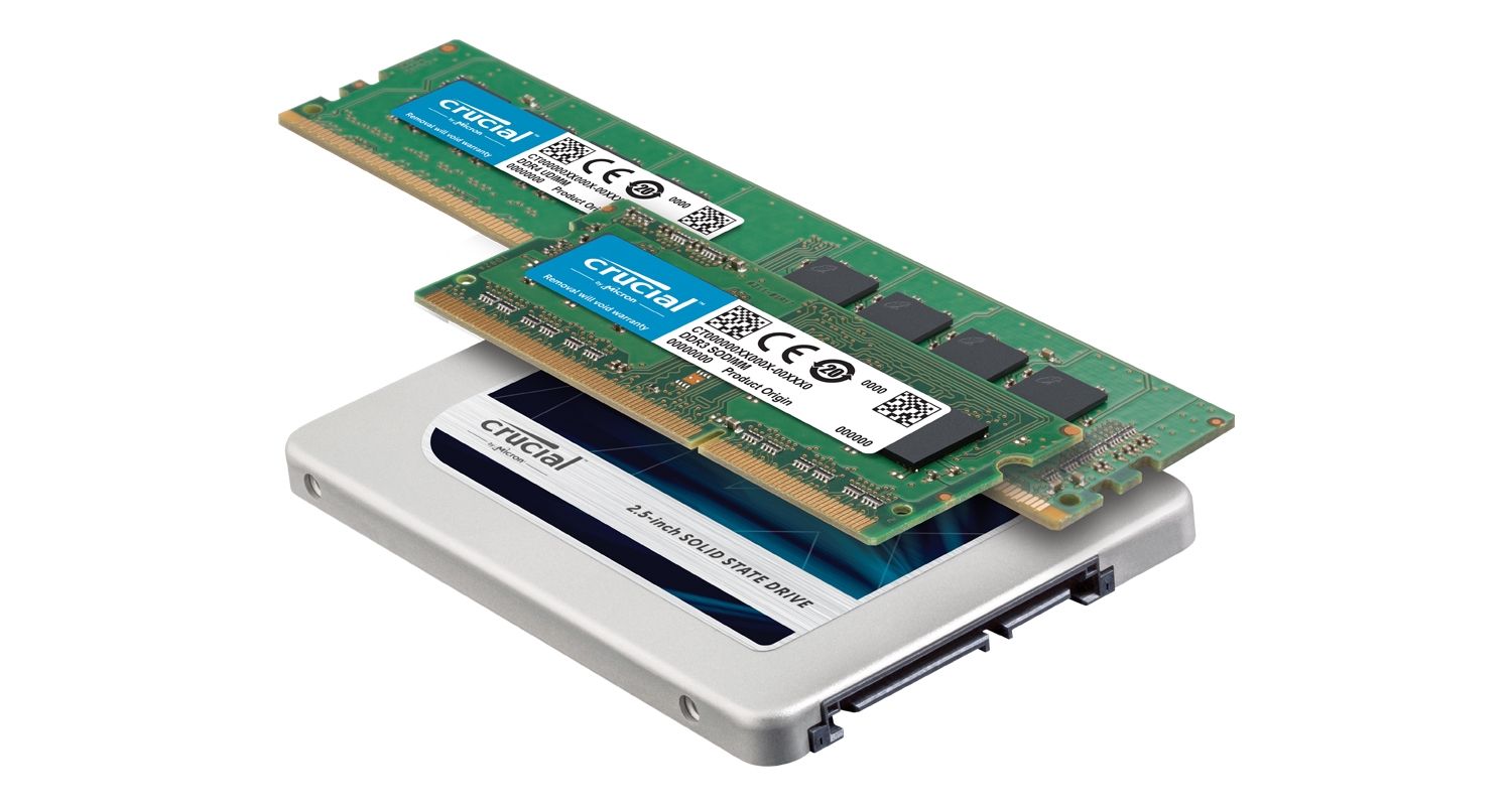 Un SSD et des modules de mémoire RAM Crucial