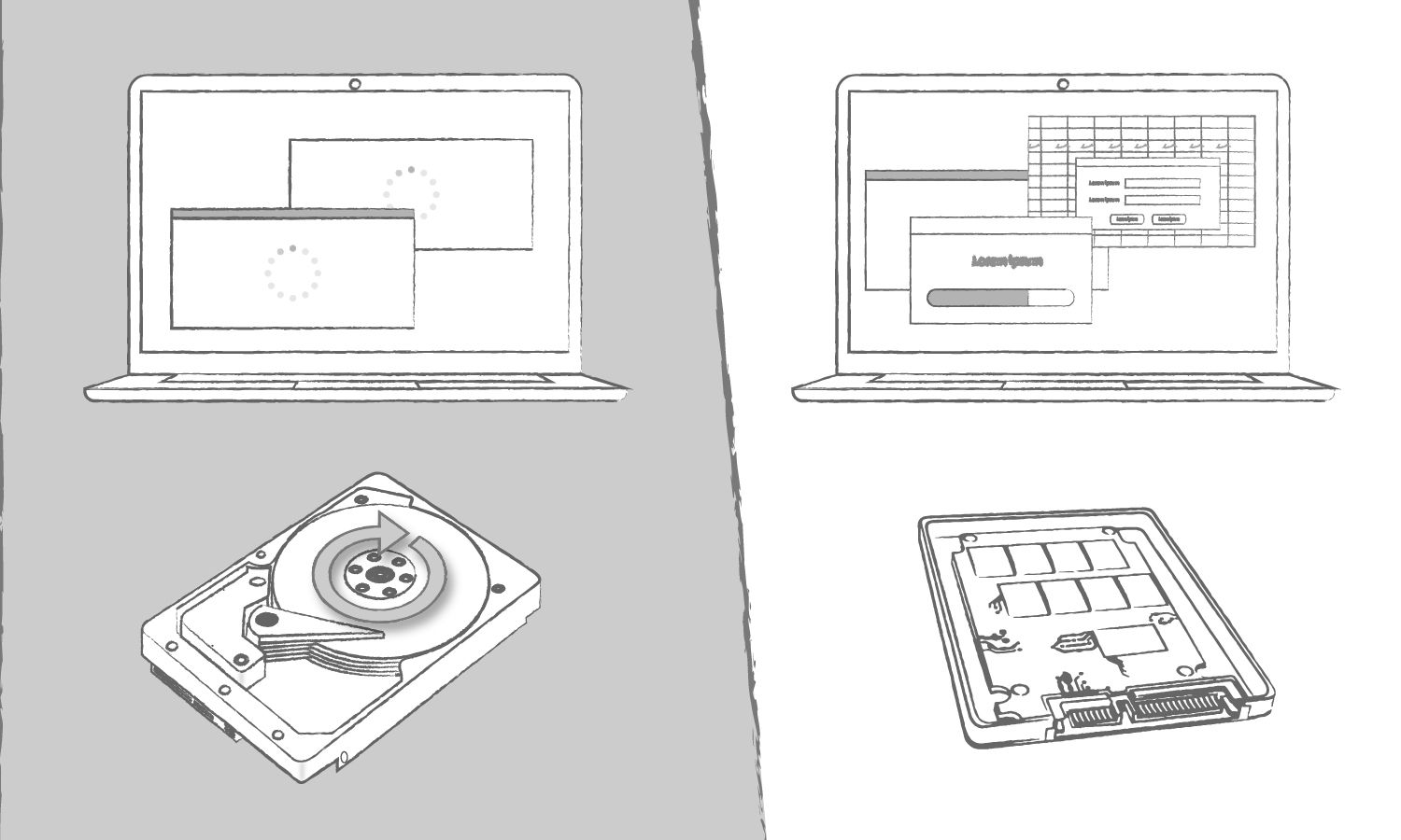 Une illustration représentant les avantages d’un SSD comparé à un disque dur concernant les temps de chargement de programmes