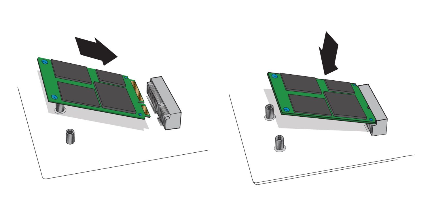 Illustration montrant comment insérer un SSD mSATA dans le port mSATA de la carte mère d’un ordinateur