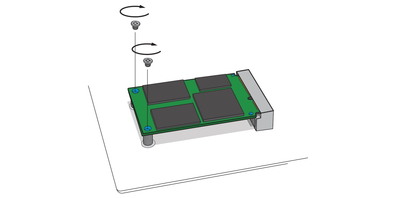 Illustration montrant comment visser un nouveau SSD mSATA dans le port mSATA de la carte mère d’un ordinateur