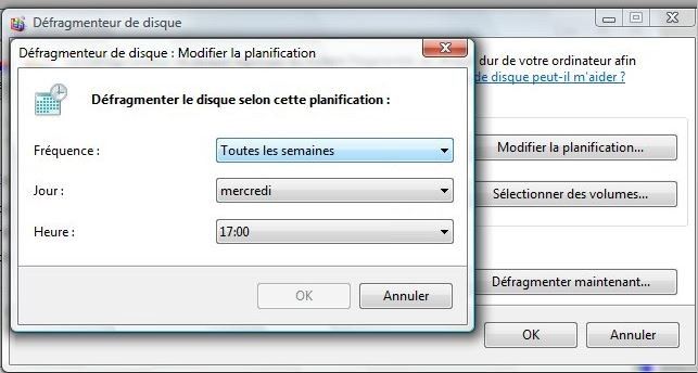 Défragmenteur de disque Windows 7 : Fenêtre contextuelle Modifier la planification