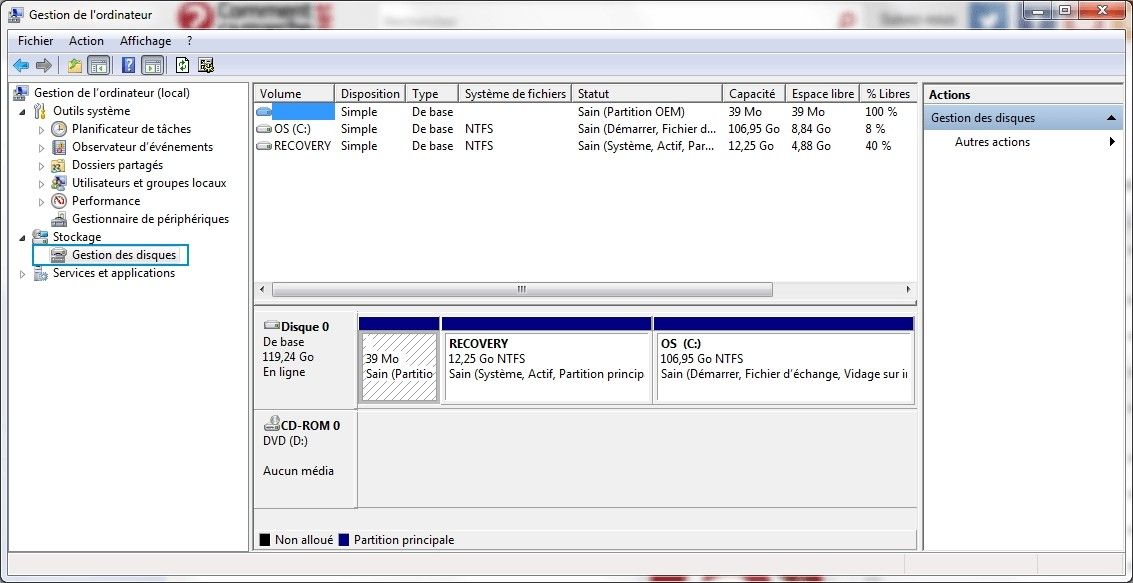 Étape de sélection de la Gestion des disques pour formater un SSD