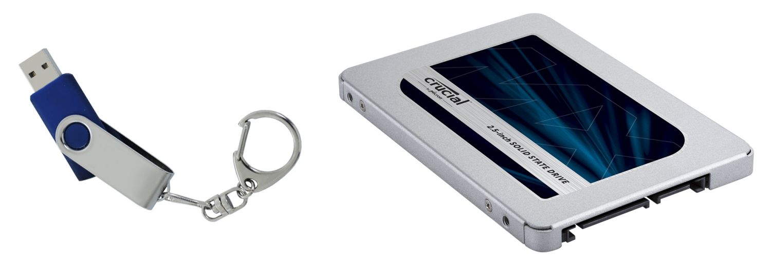 Deux exemples de supports de stockage non volatile : une clé USB et un SSD Crucial