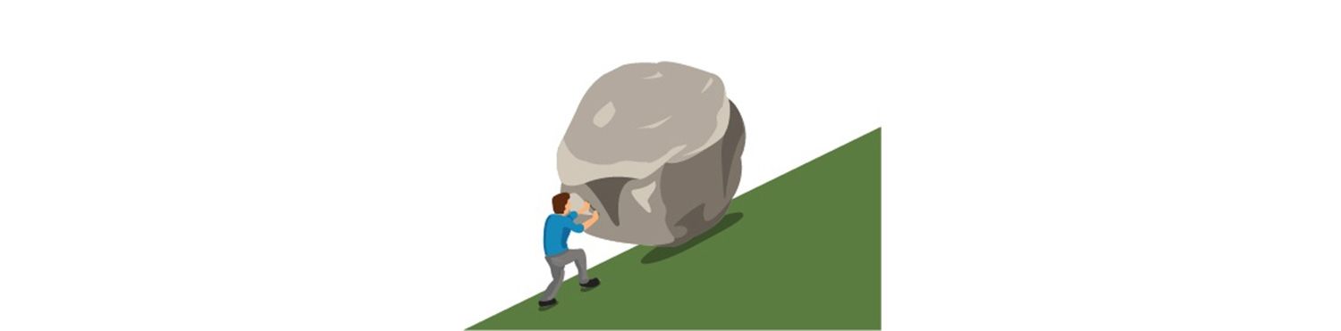 Homme poussant un rocher dans une côte pour représenter ce que l’on ressent avec un Mac lent