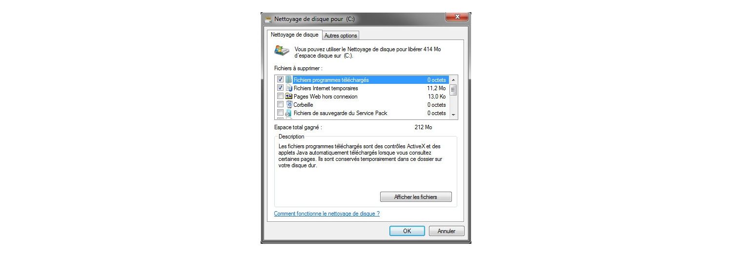 Fenêtre contextuelle de Nettoyage du disque Windows 7