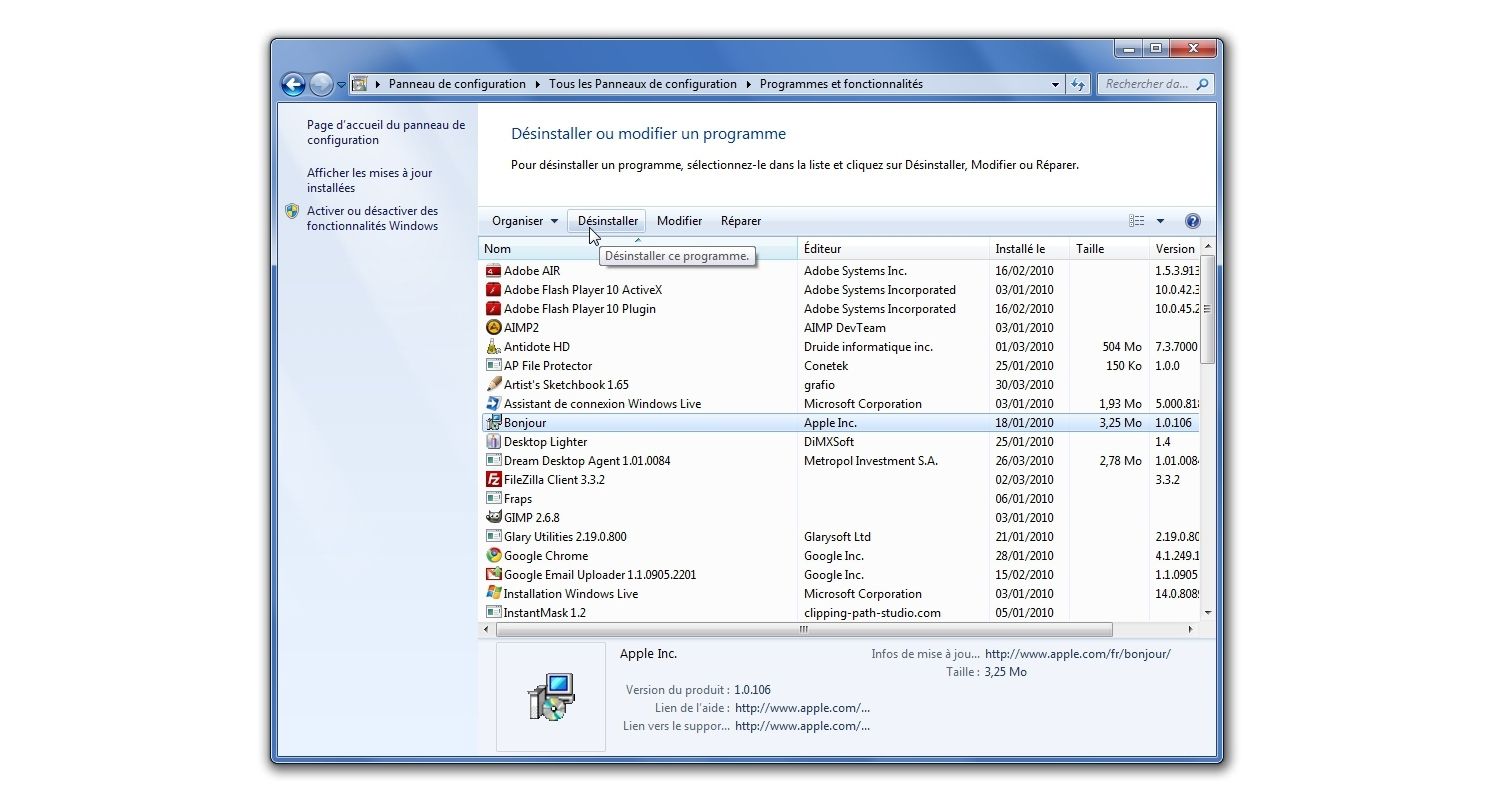 Fenêtre contextuelle de désinstallation de programme Windows 7