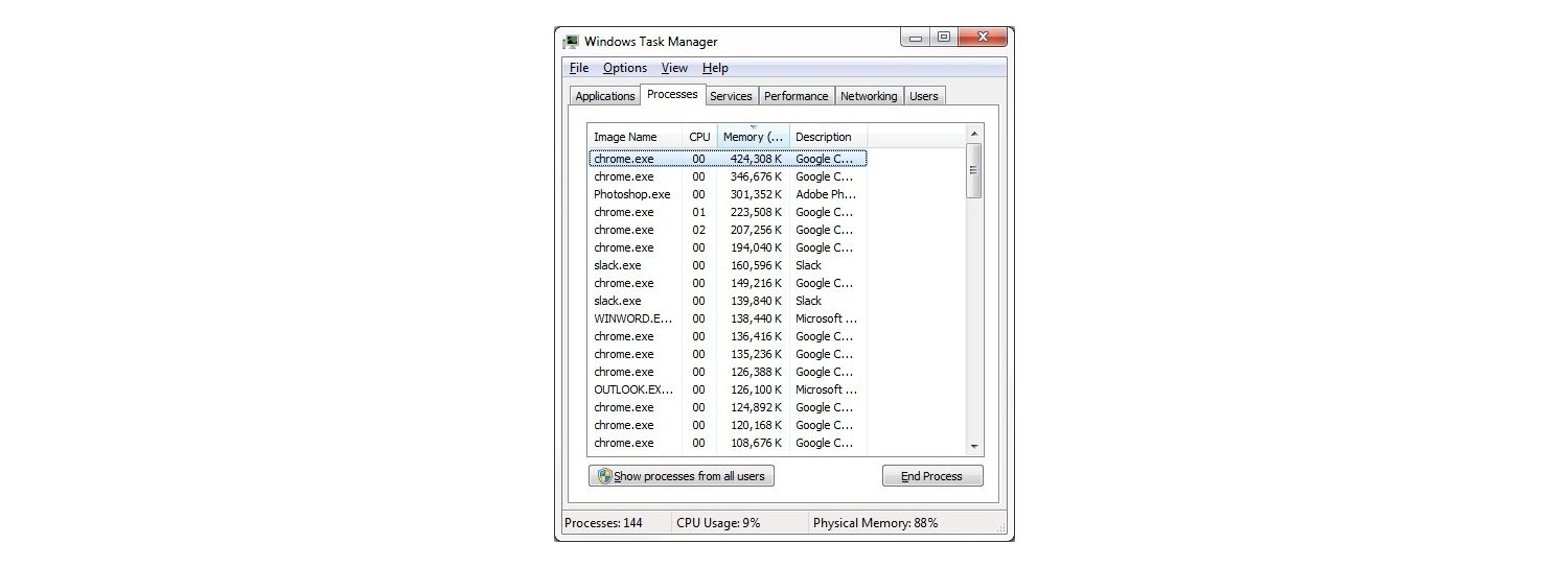 Fenêtre du Gestionnaire des tâches de Windows 7, onglet Processus